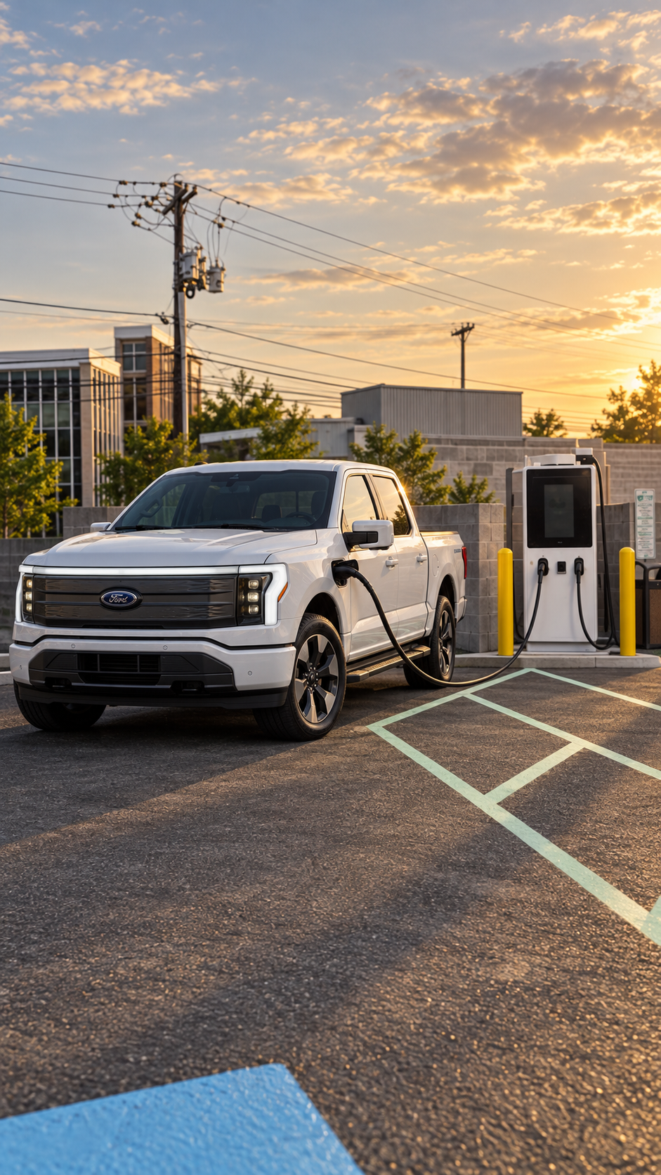 White Ford F-150 Lightning connected to a charging station at sunset