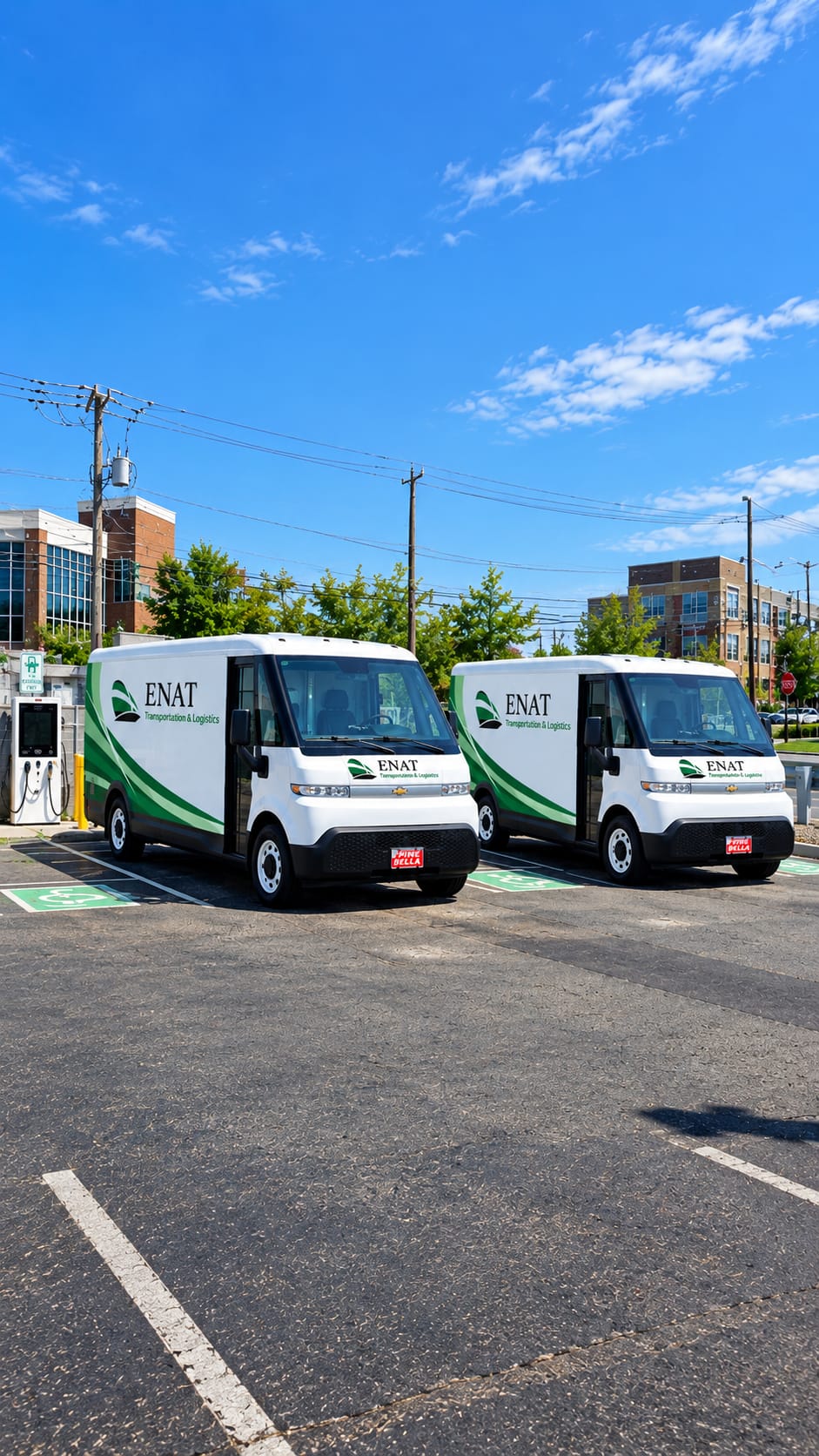 Two ENAT-branded electric cargo vans parked near an EV charger